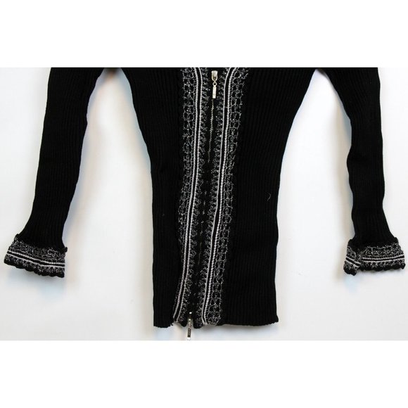 Cache Sweater Silk blend V-Neck sz S Black Ribbed Zipper Shiny Lace Stretch - Picture 3 of 7